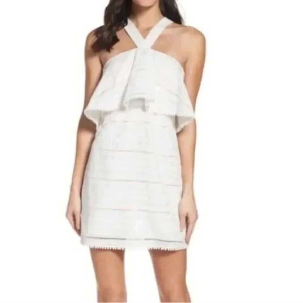 Foxiedox White Halter High Neck Eyelet Lace Mini Dress S